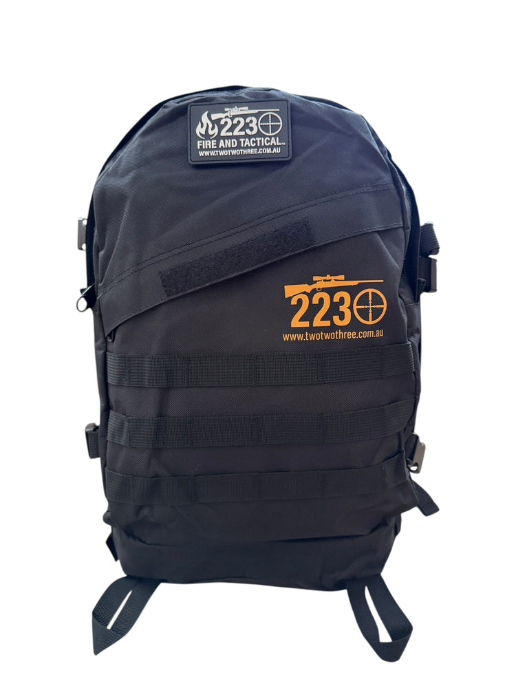 A black backpack with the 223 logo.