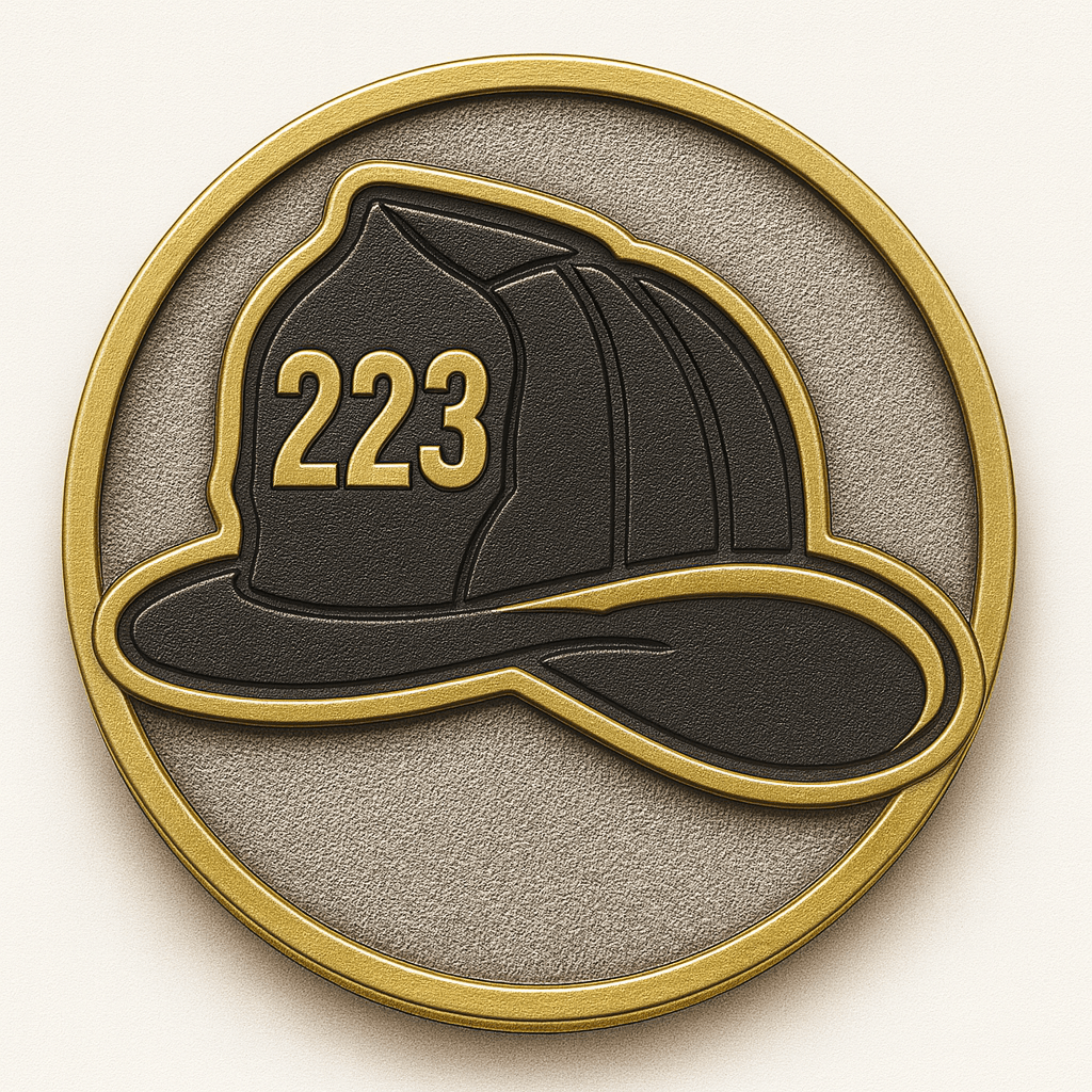A black fire helmet with the numeric value 223 displayed on the front.  