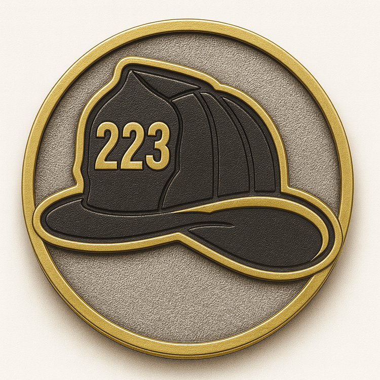 A black fire helmet with the numeric value 223 displayed on the front.  