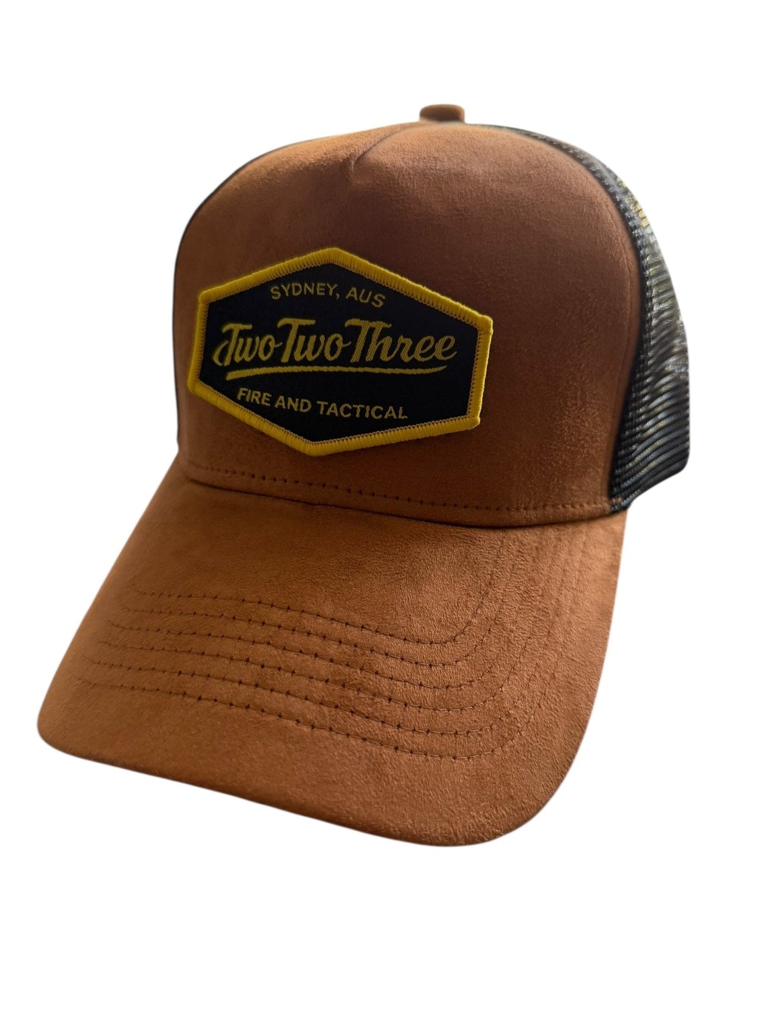A brown suede hat displaying the 223 logo in black and yellow.  