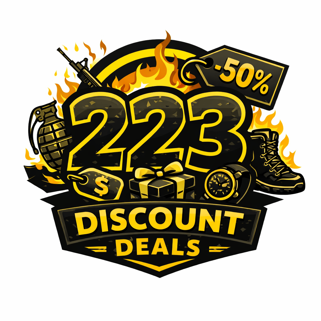 An AI generation of the 223 logo with a 50% tag at the top and discount deals at the bottom. 
