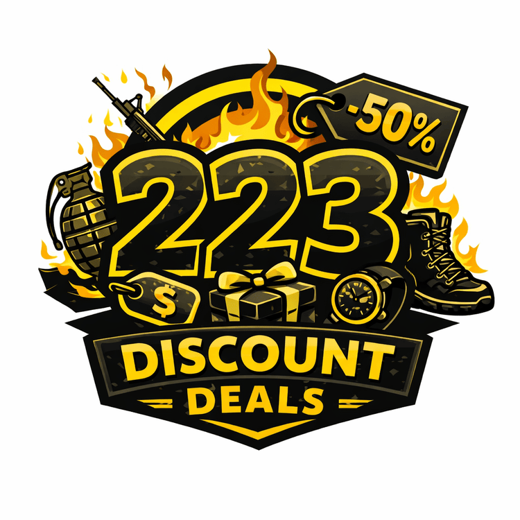 An AI generation of the 223 logo with a 50% tag at the top and discount deals at the bottom. 