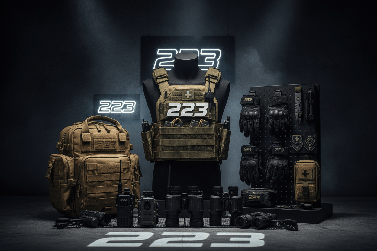 A backpack, weight vest, gloves and binoculars with the numeric value 223. 