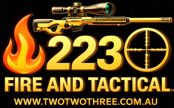 Two Two Three Fire and Tactical Logo including associated icons, trademarking and website address.