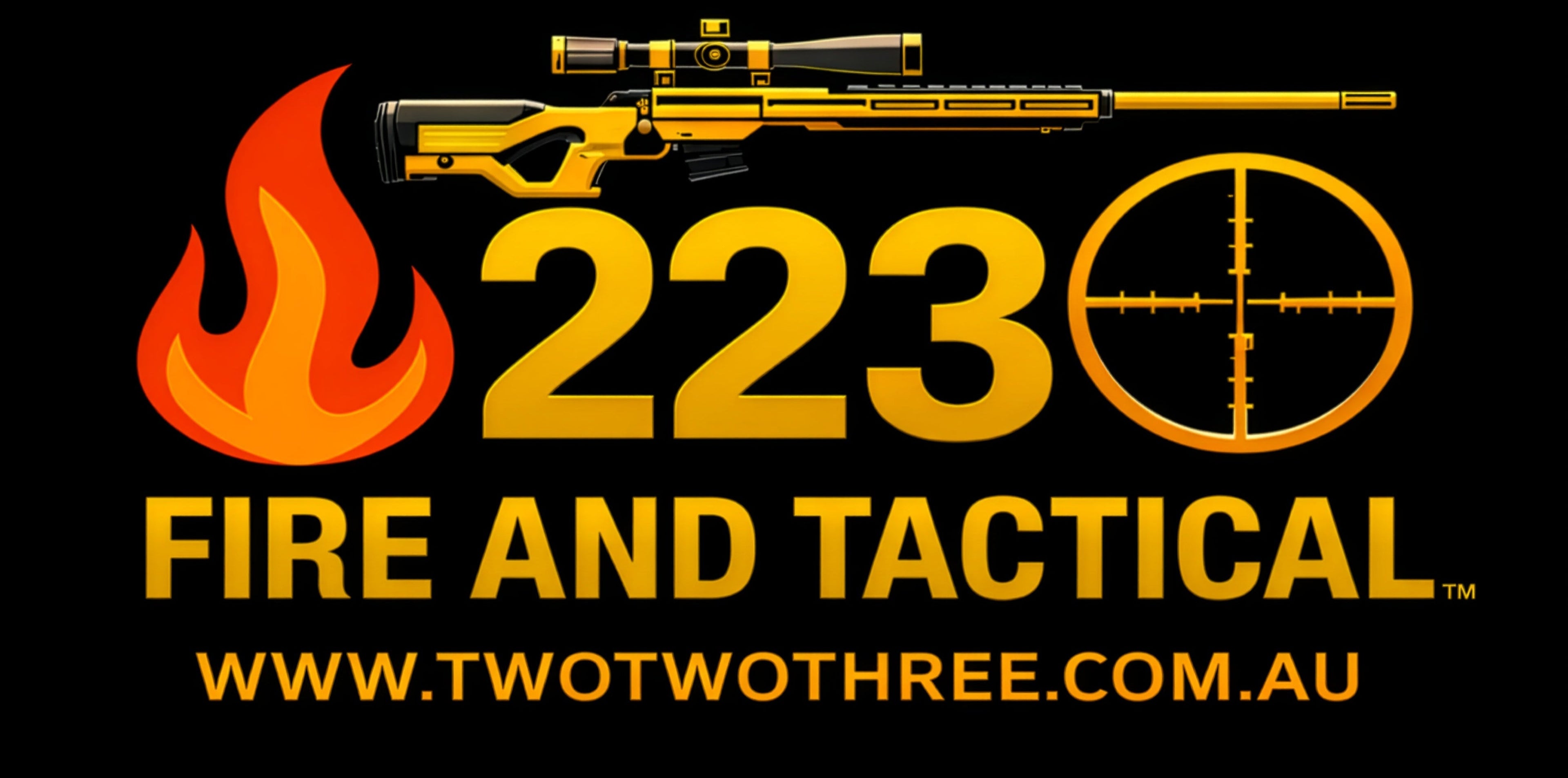 Logo for 223 Fire and Tactical with a rifle, flames, and crosshair on a black background.
